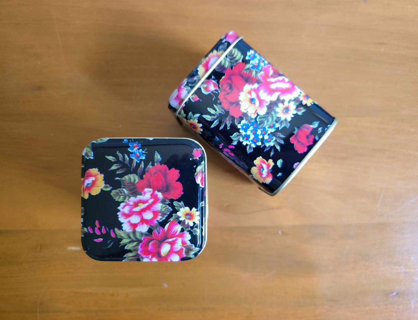 Vintage Floral Rose square decorative Canister Tea Tin - 4.75in Tall - Pair