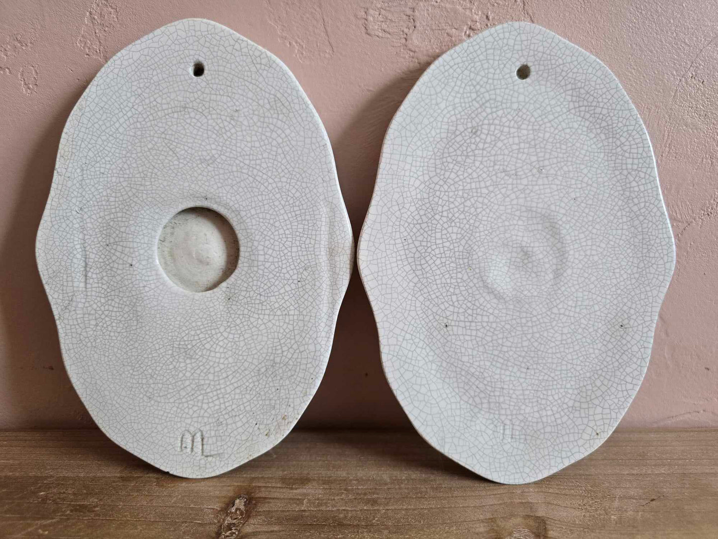 "Kitten Drinking Milk" and "Bunny Eating Carrot" Crackled Wall Plaques - Set