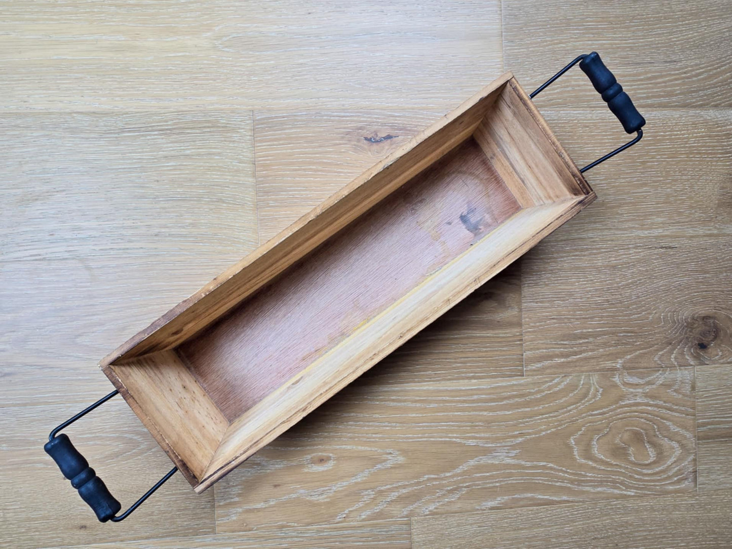 Decorative Rustic Wood Tray Container Boat Planter with Metal Handles