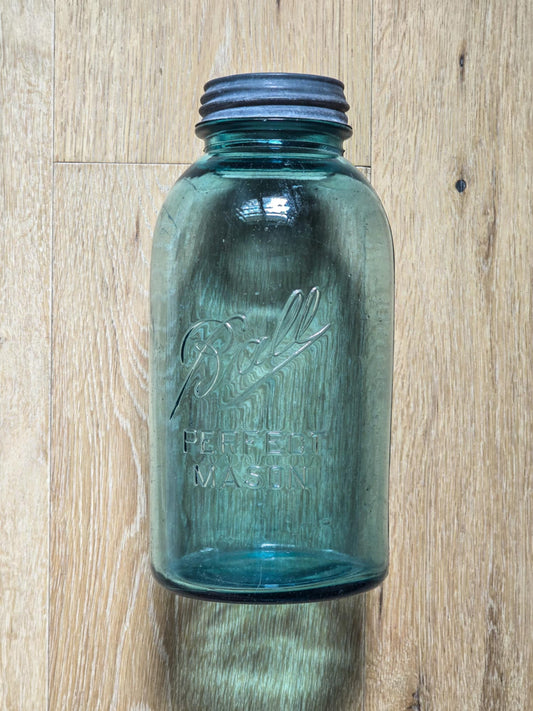 Aqua Blue Ball Perfect Mason Jar "9", Half Gallon, Ball Zinc Lid With White Porcelain Liner