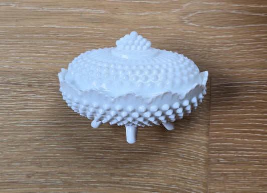 Fenton White Milk Glass Hobnail Oval Covered Candy Dish