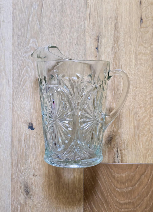 Vintage Anchor Hocking Medallion Pattern, Clear Glass Pitcher, With Ice Lip, Star and Cameo Design