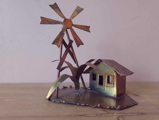 Vintage MCM Copper Windmill Cottage Rustic Metal Sculpture