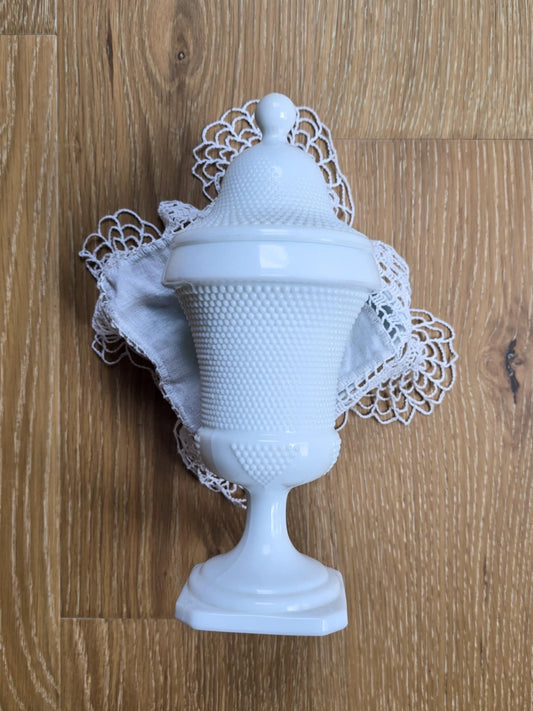 Vintage L.E. Smith Hobnail Milk Glass Lidded Urn Footed Pedestal covered Jar Apothecary